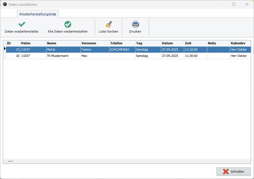 Umbestellungsliste wiederherstellen